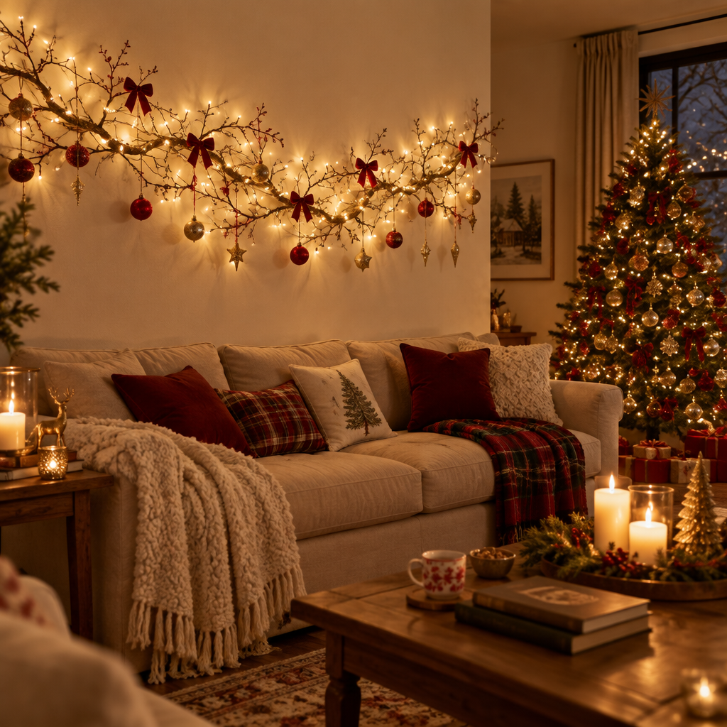 Panic wall vine lights glowing across a cozy Christmas living room wall