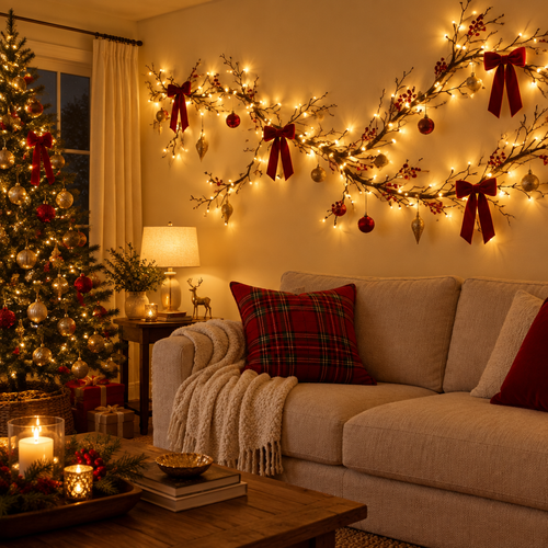 Living room wall transformed with warm-white Panic vine lights